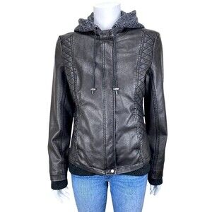Stitch Fix Mo-Ka Womens Sz Large Gray Faux Leather Biker Jacket Meriam Knit Hood